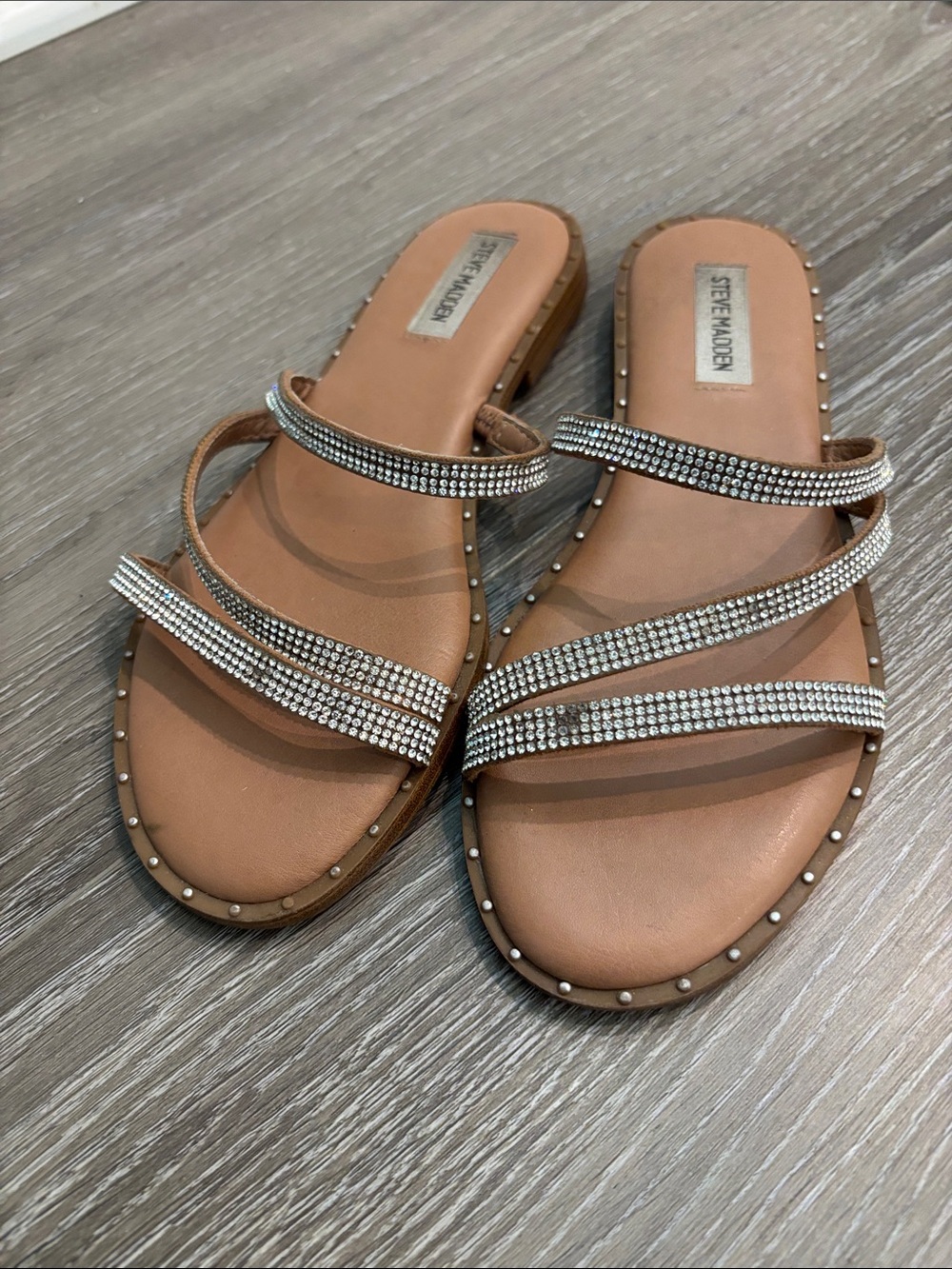 Steve Madden Tan Slide Sandals with Rhinestone Straps